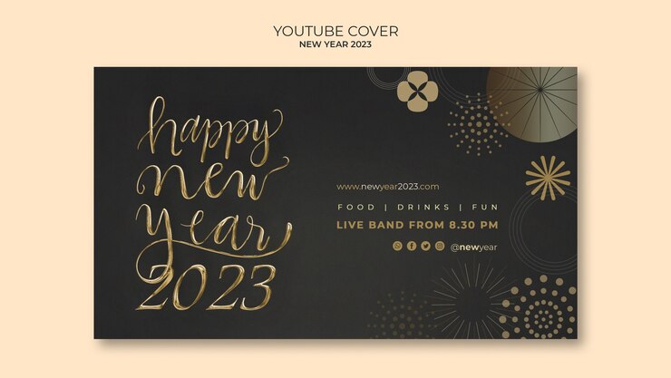 PSD gratuito copertina youtube dorata del nuovo anno 2023