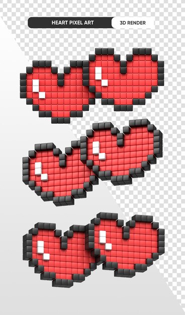 Corazones amor rojo en pixel art 3d render fondo transparente