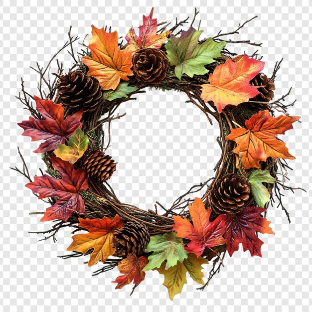 Corona de otoño con hojas de arce y piñones