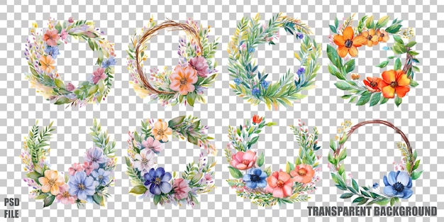 Coronas de flores de colores sobre un fondo transparente