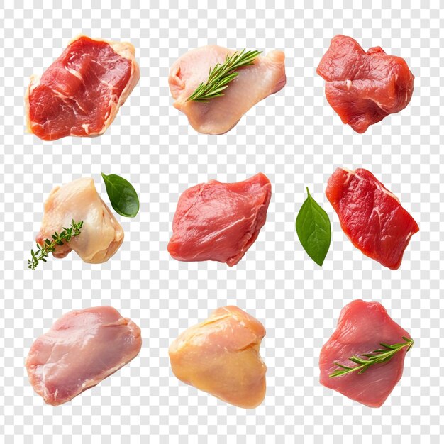Cortes de carne cruda variadas de pollo y carne de res