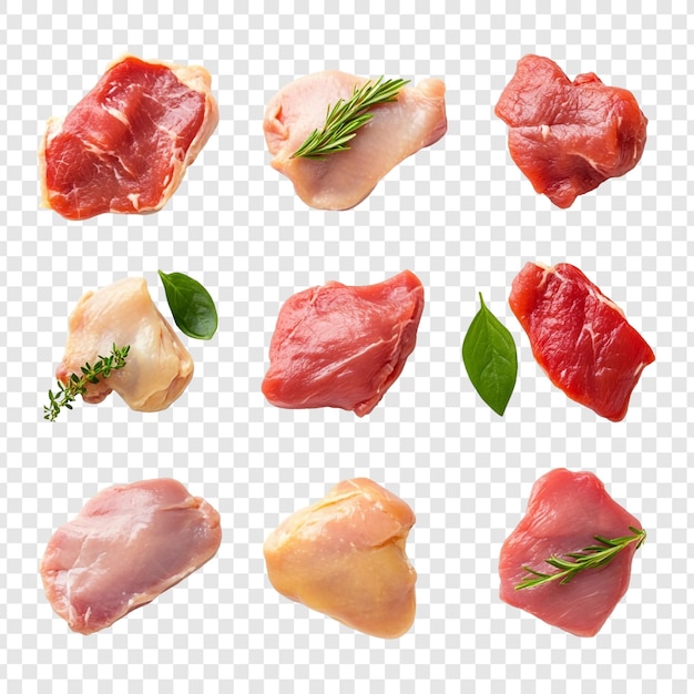 Cortes de carne cruda variadas de pollo y carne de res