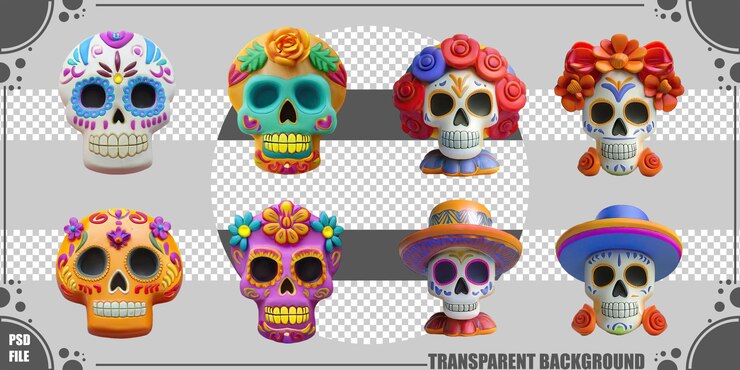 PSD gratuito cráneas de azúcar coloridas para celebraciones y decoración