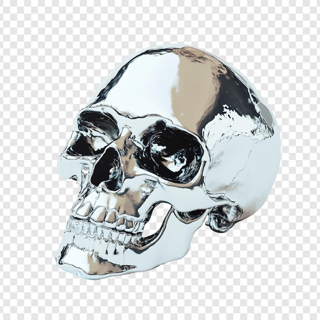 Cráneo de cromo Una representación en 3D de un cráneo metálico brillante