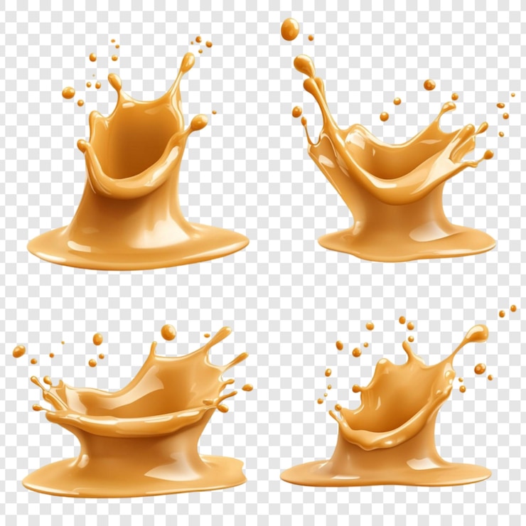 PSD gratuito creamy caramel splash collection quattro deliziosi splash di caramello su uno sfondo trasparente perfetti per imballaggi, pubblicità e progetti di design