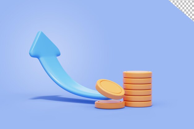 Crecimiento de flecha con negocio de monedas y finanzas inversión ganancias comercio icono web ilustración 3d