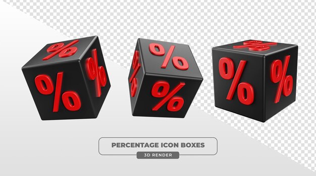 Cubo de descuento negro y rojo con símbolo de porcentaje en 3D con fondo transparente