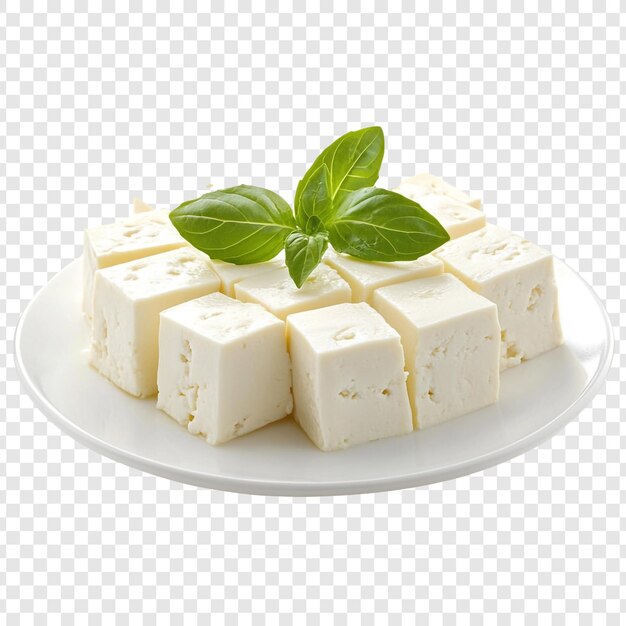 Cubos frescos de queso feta cremoso en un plato adornado con albahaca