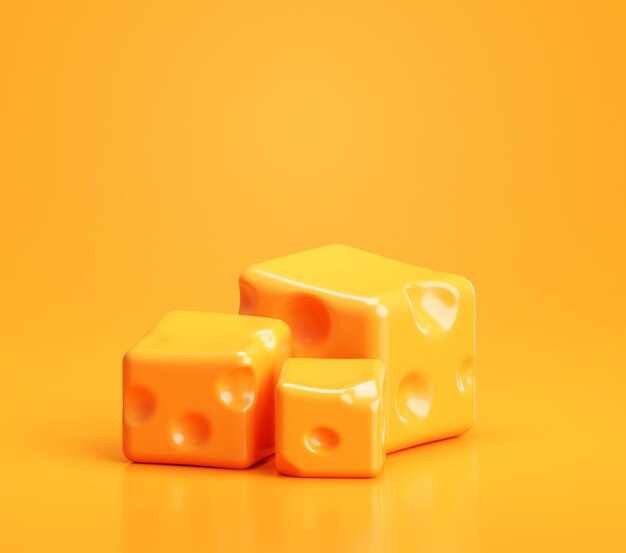 Cubos de queso 3D con fondo de estilo de dibujos animados en el podio de textura suiza