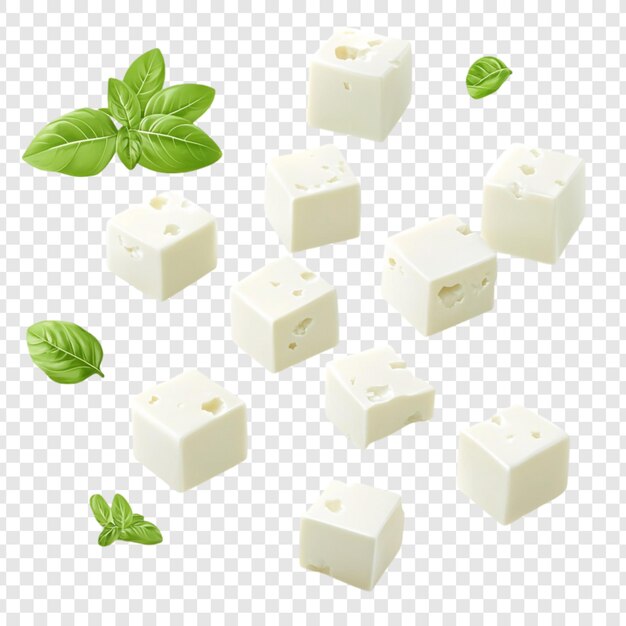 Cubos de queso feta con hojas de albahaca frescas