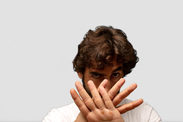 cubriendo la cara con la mano y poniendo la otra mano delante para detener la cámara rehusando fotos o imágenes