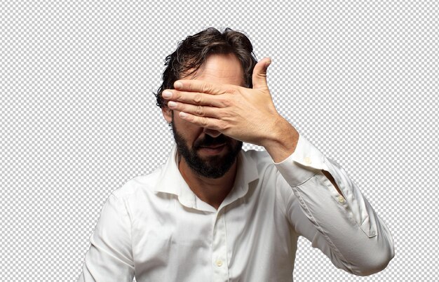 cubriendo los ojos con una mano sintiéndose asustado o ansioso preguntándose o esperando ciegamente una sorpresa
