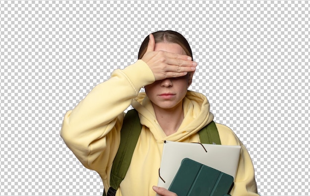 cubriendo los ojos con una mano sintiéndose asustado o ansioso preguntándose o esperando ciegamente una sorpresa