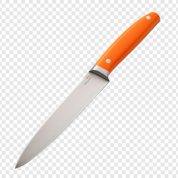 Cuchillo de cocina con cuchilla de acero naranja con camino guardado aislado en fondo transparente