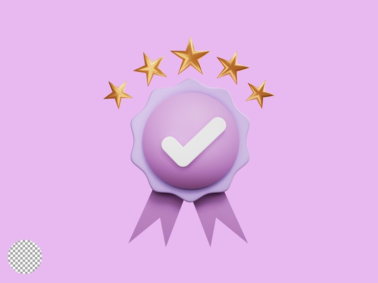 PSD gratuito cuerpo de certificado púrpura con cinco estrellas doradas para la mejor garantía de calidad del servicio de producto iso garantizado y el concepto de premio de campeón ganador por ilustración de renderizado 3d