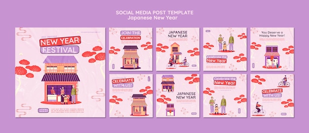 Culturele japanse nieuwjaar instagram posts set