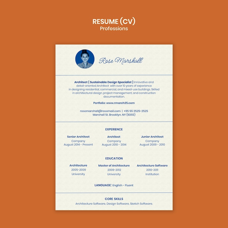 PSD gratuito curriculum vitae di rose marshall, architetto con competenze di progettazione e gestione di progetti
