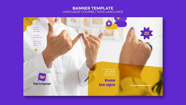 Cursos de idiomas y plantilla de banner horizontal de lenguaje de señas con formas abstractas