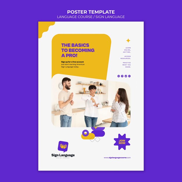 Cursos de idiomas y plantilla de póster vertical de lenguaje de señas con formas abstractas