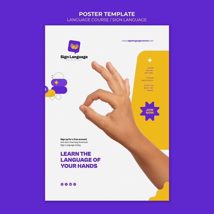 PSD gratuito cursos de idiomas y plantilla de póster vertical de lenguaje de señas con formas abstractas