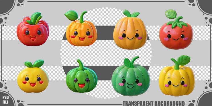 PSD Gratis cute cartoon fruits and vegetables character collection