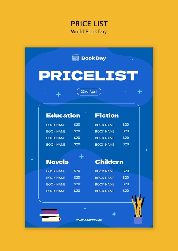 PSD Gratis daftar harga perayaan hari buku sedunia