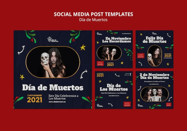 Gratis PSD dark dia de muertos ig posts set