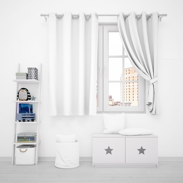 Decoración de interiores, ventanas y muebles blancos con juguetes infantiles.