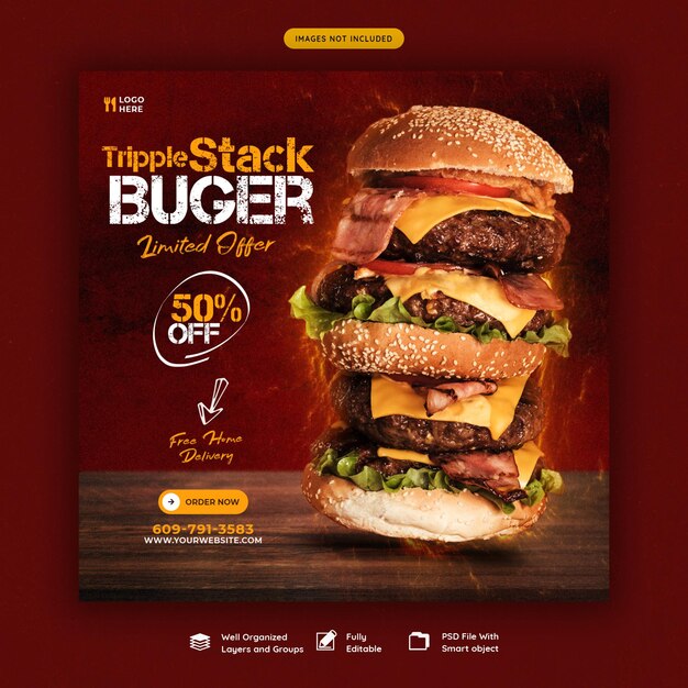 Deliciosa hamburguesa y menú de comida plantilla de banner de redes sociales