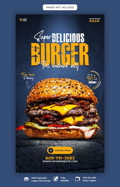 PSD gratuito deliciosa hamburguesa y menú de comida plantilla de historia de instagram y facebook