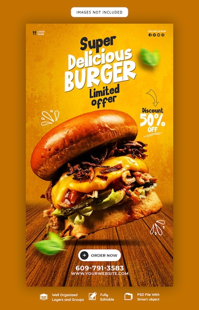 Deliciosa hamburguesa y menú de comida plantilla de historia de instagram y facebook