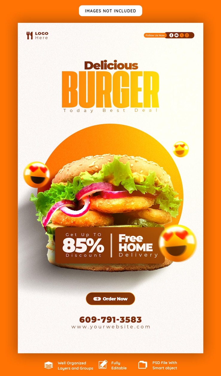 PSD gratuito deliciosa hamburguesa y menú de comida plantilla de historia de instagram y facebook