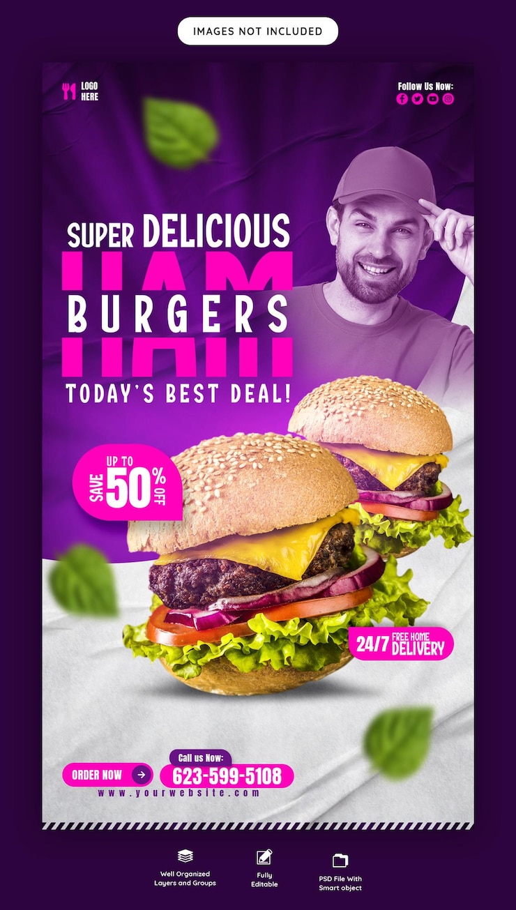 PSD gratuito deliciosa hamburguesa y menú de comida plantilla de historia de instagram y facebook