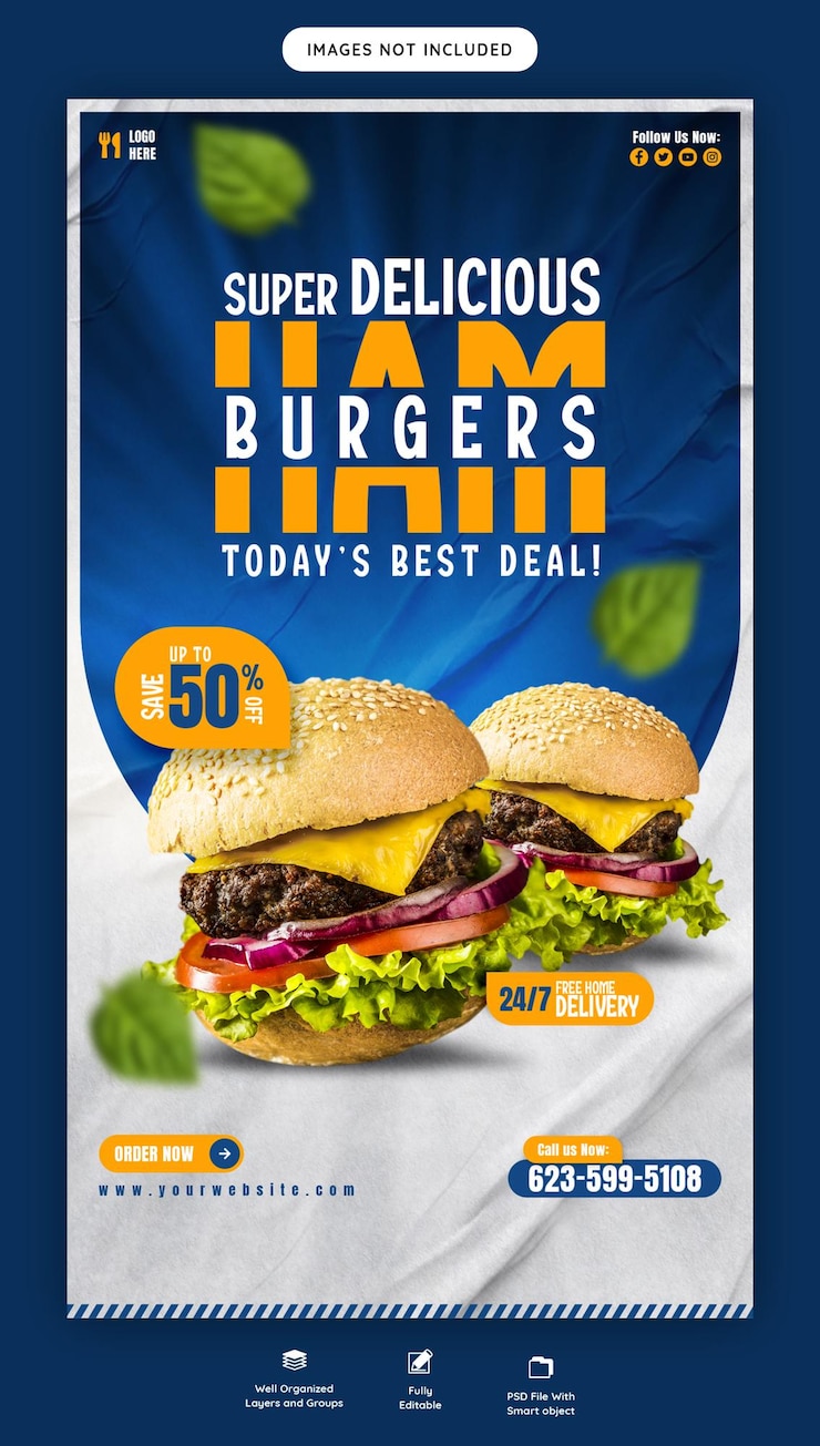 PSD gratuito deliciosa hamburguesa y menú de comida plantilla de historia de instagram y facebook