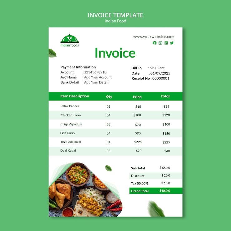 PSD gratuito deliciosa plantilla de factura de comida india