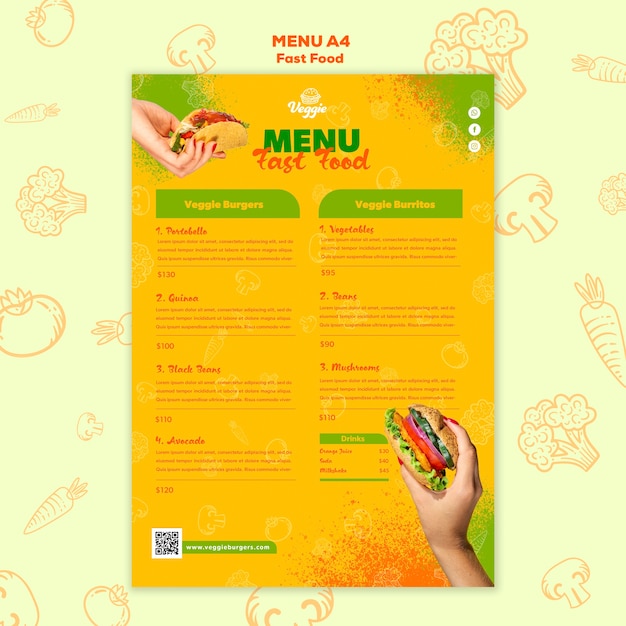 PSD gratuito deliciosa plantilla de menú de comida rápida vegana