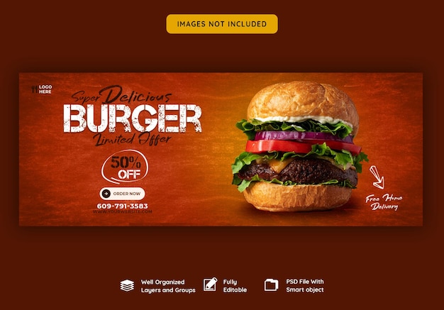Deliciosa plantilla de portada de facebook de menú de hamburguesas y comida