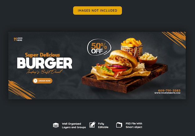 Deliciosa plantilla de portada de facebook de menú de hamburguesas y comida