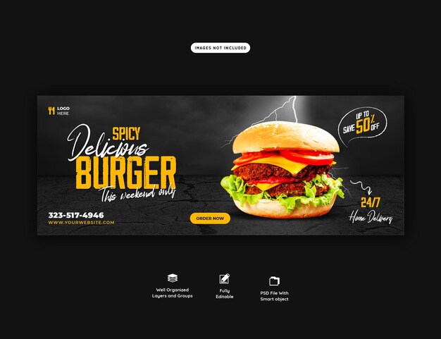 Deliciosa plantilla de portada de facebook de menú de hamburguesas y comida