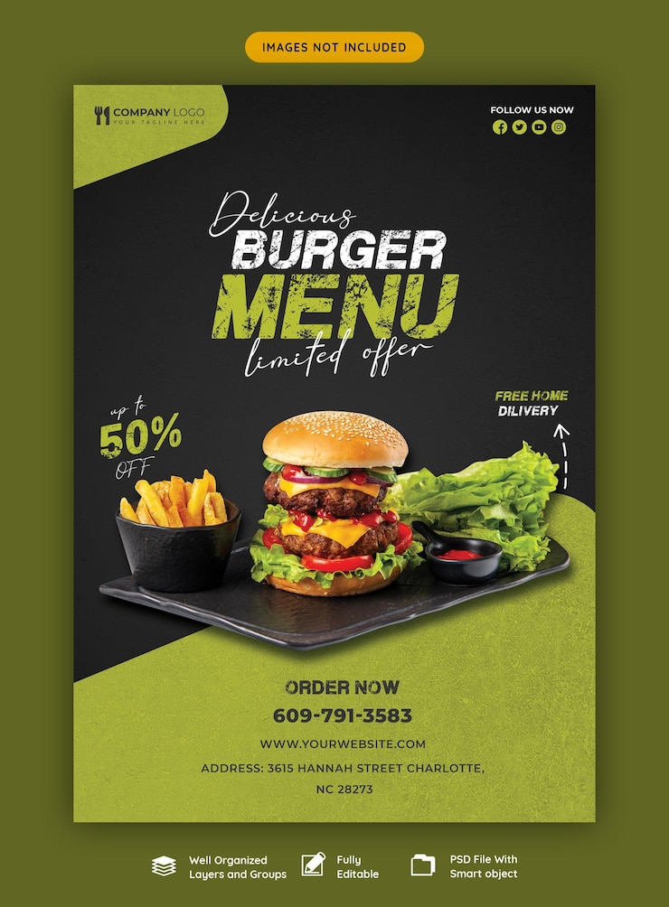 Deliciosa plantilla de volante de menú de hamburguesas y comida