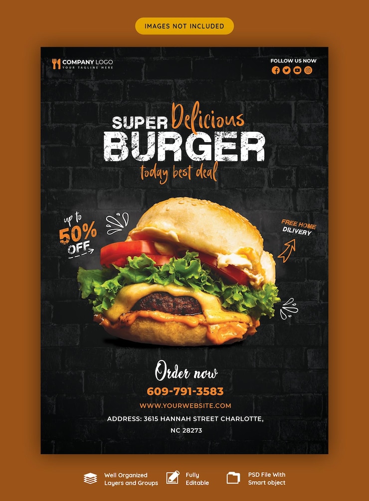 Deliciosa plantilla de volante de menú de hamburguesas y comida