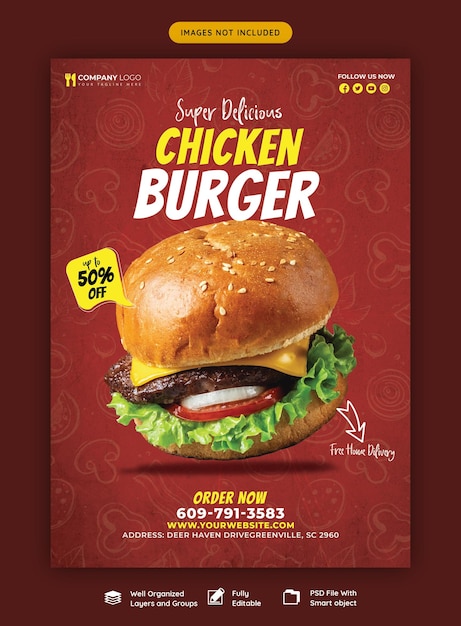 PSD gratuito deliciosa plantilla de volante de menú de hamburguesas y comida
