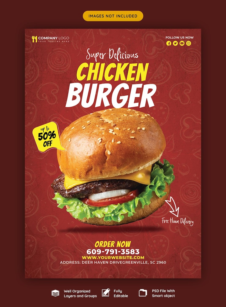 PSD gratuito deliciosa plantilla de volante de menú de hamburguesas y comida
