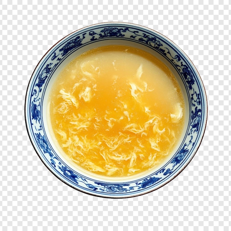 PSD gratuito deliciosa sopa de gotas de huevo en un cuenco azul y blanco