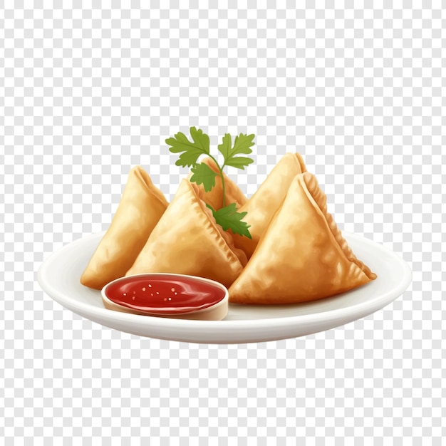Deliciosas samosas de color marrón dorado servidas en un plato blanco con salsa roja y cilantro fresco adornan un sabroso bocadillo indio