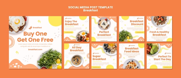 Delicioso desayuno colección de publicaciones en redes sociales.