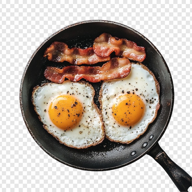 Delicioso desayuno Huevos fritos y tocino crujiente en una sartén