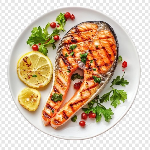 Delicioso filete de salmón a la parrilla con limón y hierbas