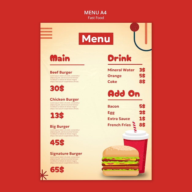 Un delicioso menú de comida rápida dibujado a mano