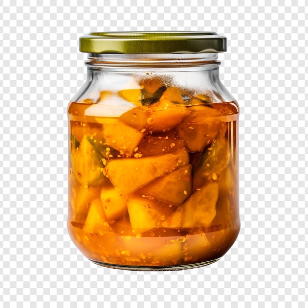 Delicioso pepinillo de mango en un frasco de vidrio aislado sobre un fondo transparente